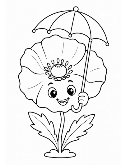 Happy Poppy Under A Tiny Umbrella printable coloring page from the flower coloring pages collection