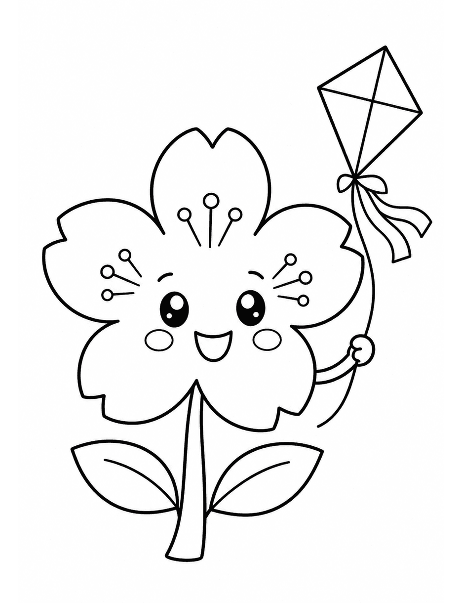 Smiling Cherry Blossom With A Tiny Kite printable coloring page from the flower coloring pages collection