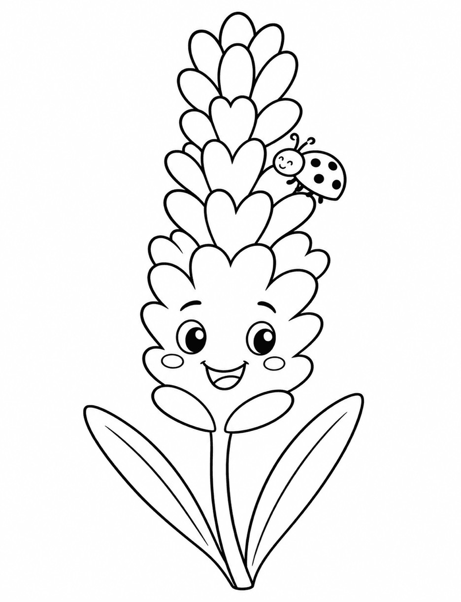 Smiling Lavender With A Tiny Ladybug printable coloring page from the flower coloring pages collection