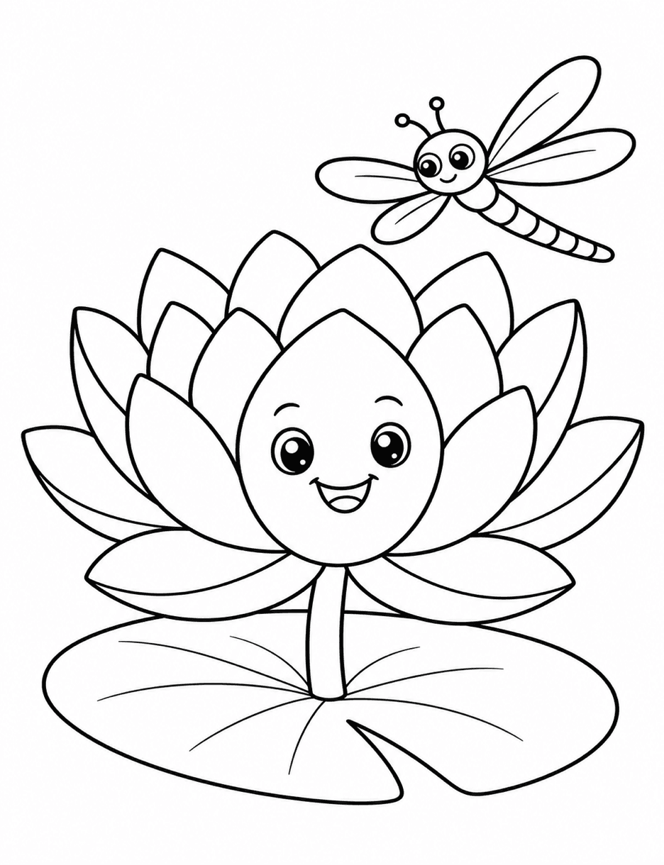 Smiling Lotus With A Little Dragonfly printable coloring page from the flower coloring pages collection