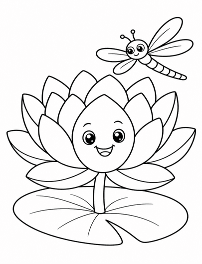 Smiling Lotus With A Little Dragonfly printable coloring page from the flower coloring pages collection