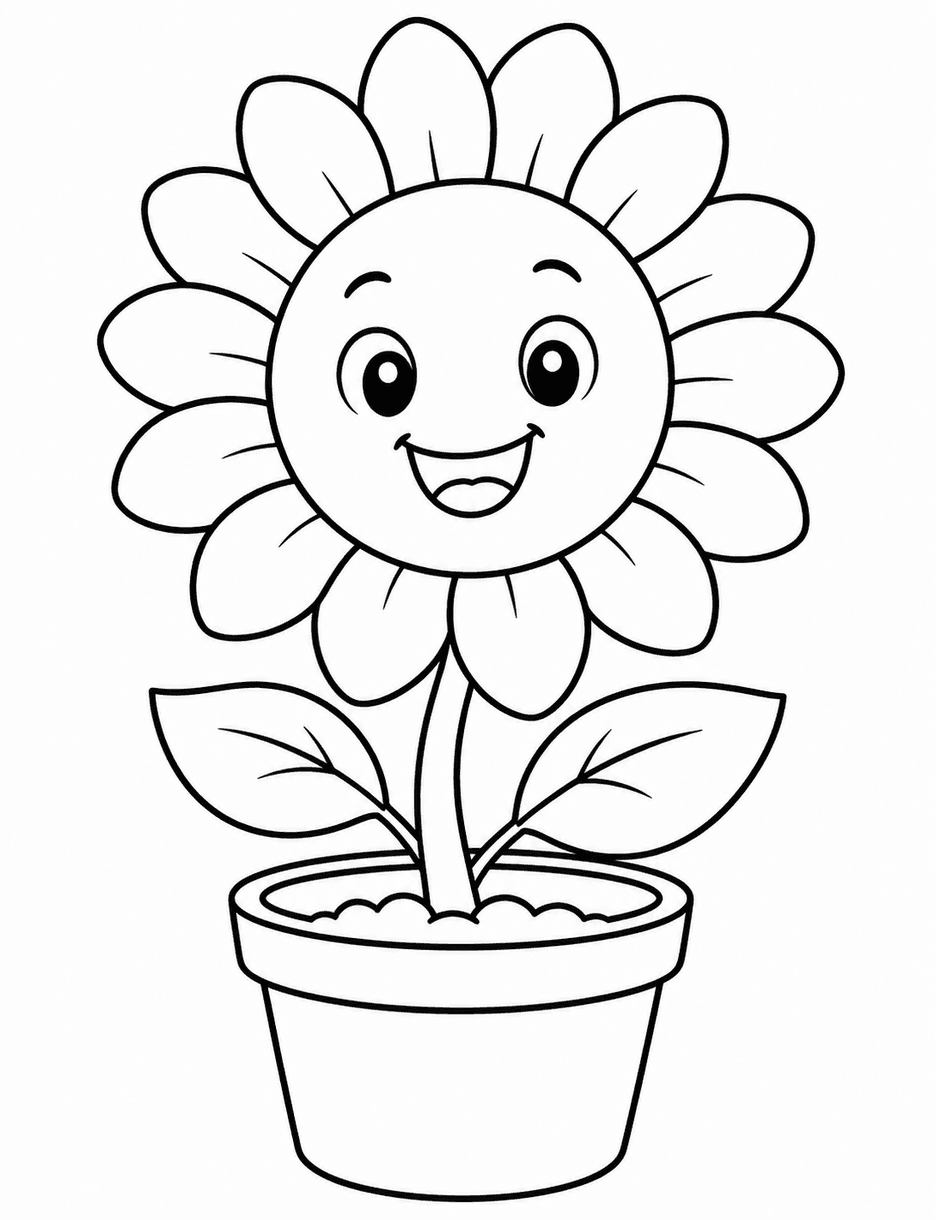 Smiling Sunflower In A Flower Pot printable coloring page from the flower coloring pages collection