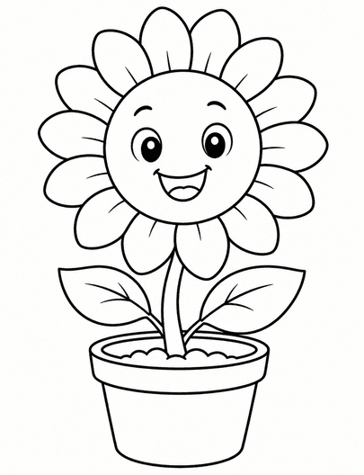 Smiling Sunflower In A Flower Pot printable coloring page from the flower coloring pages collection