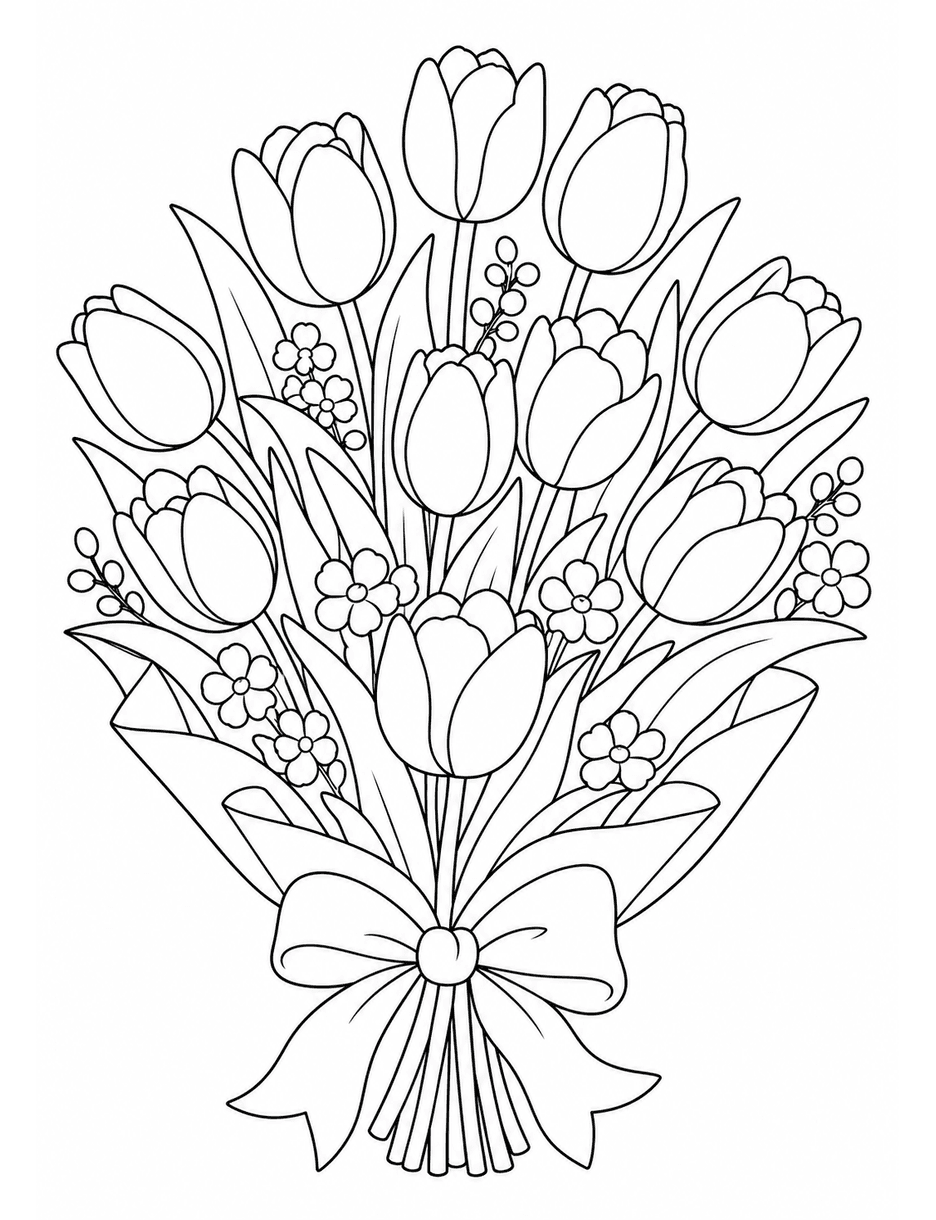 Spring Tulip Garden Bouquet printable coloring page from the flower coloring pages collection