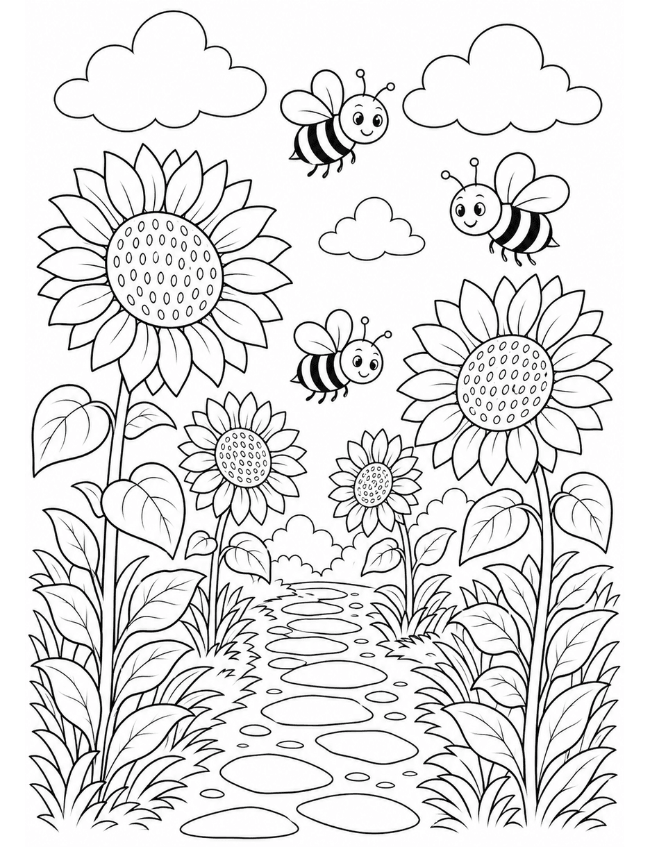 Sunflower Path With Busy Bees printable coloring page from the flower coloring pages collection