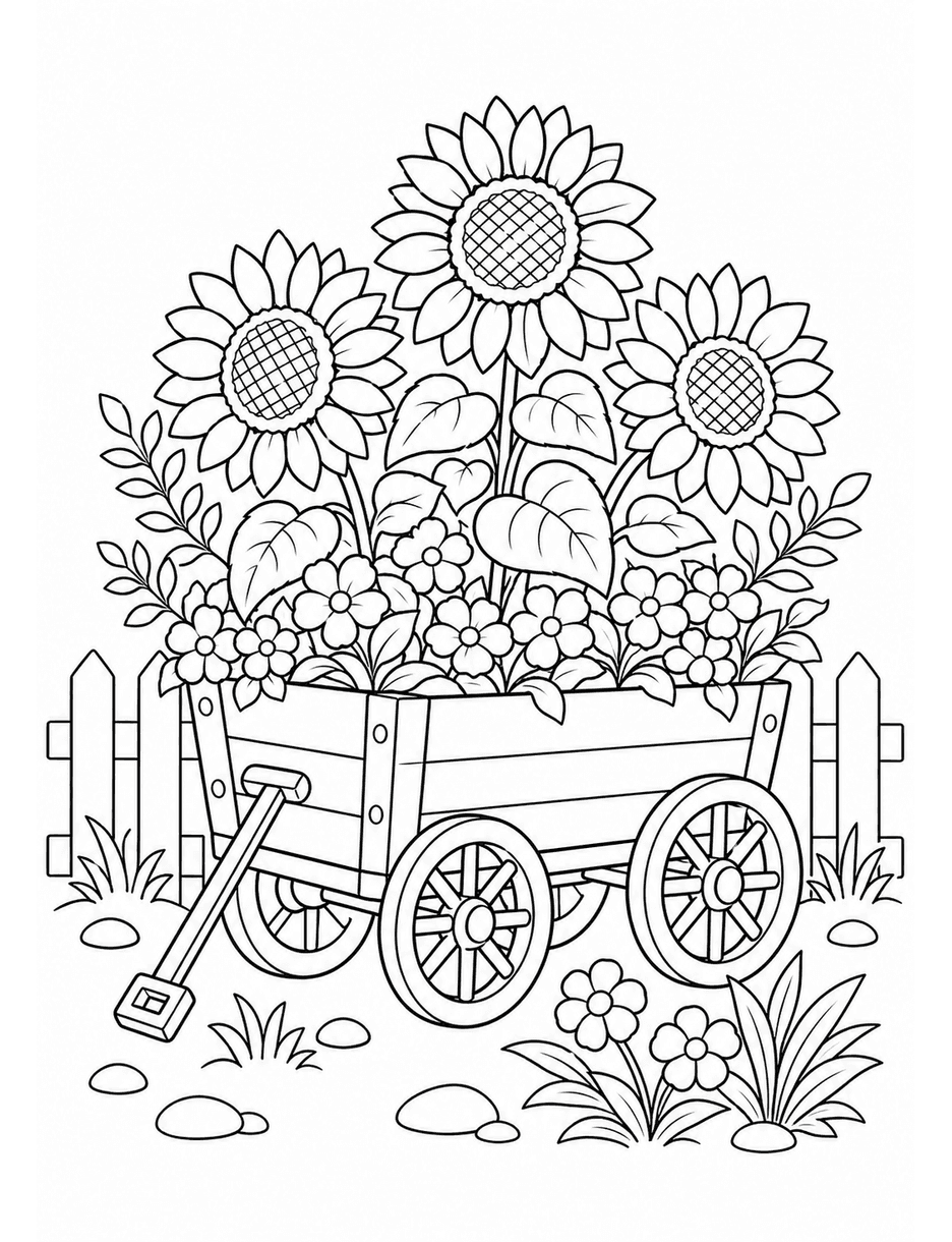 Sunflower Wagon Garden Scene printable coloring page from the flower coloring pages collection