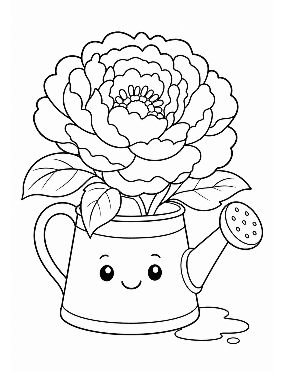 Watering Can And Giant Peony Bloom printable coloring page from the flower coloring pages collection