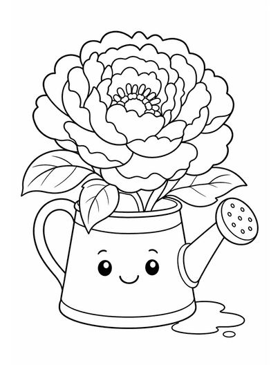 Watering Can And Giant Peony Bloom printable coloring page from the flower coloring pages collection