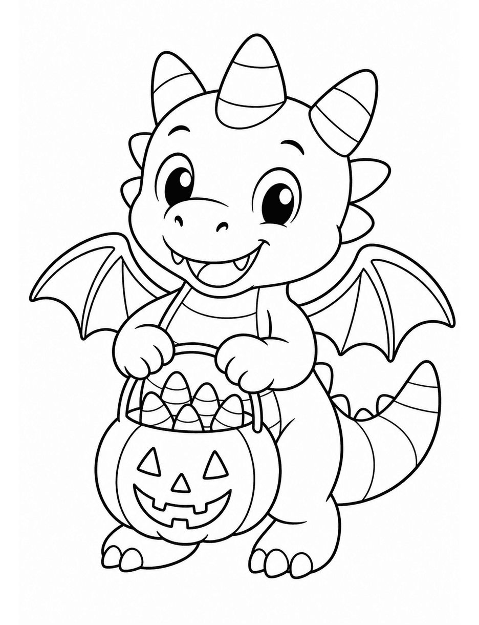 Candy Corn Dragon With A Pumpkin Bucket printable coloring page from the halloween coloring pages collection
