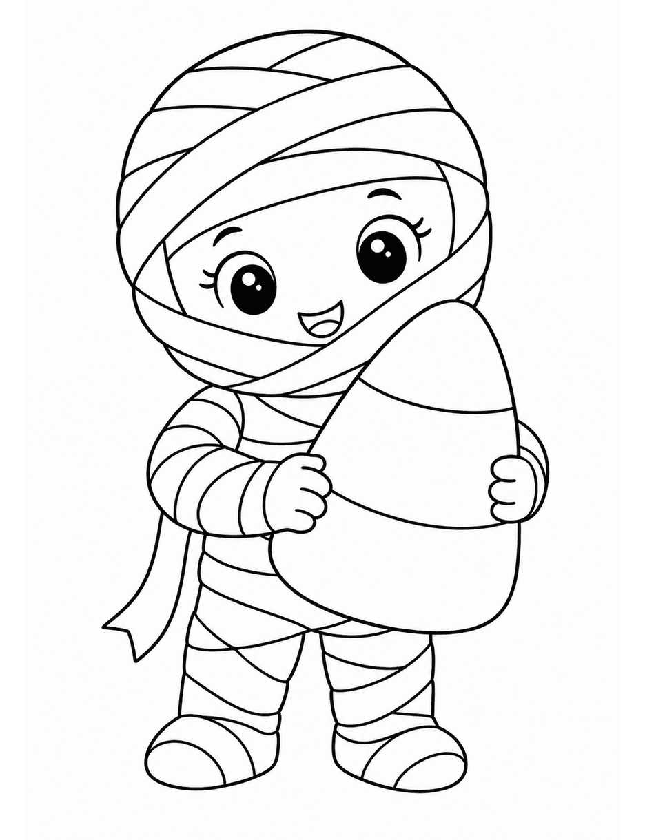 Cute Mummy Holding A Big Candy Corn printable coloring page from the halloween coloring pages collection