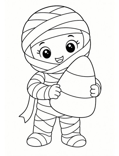 Cute Mummy Holding A Big Candy Corn printable coloring page from the halloween coloring pages collection