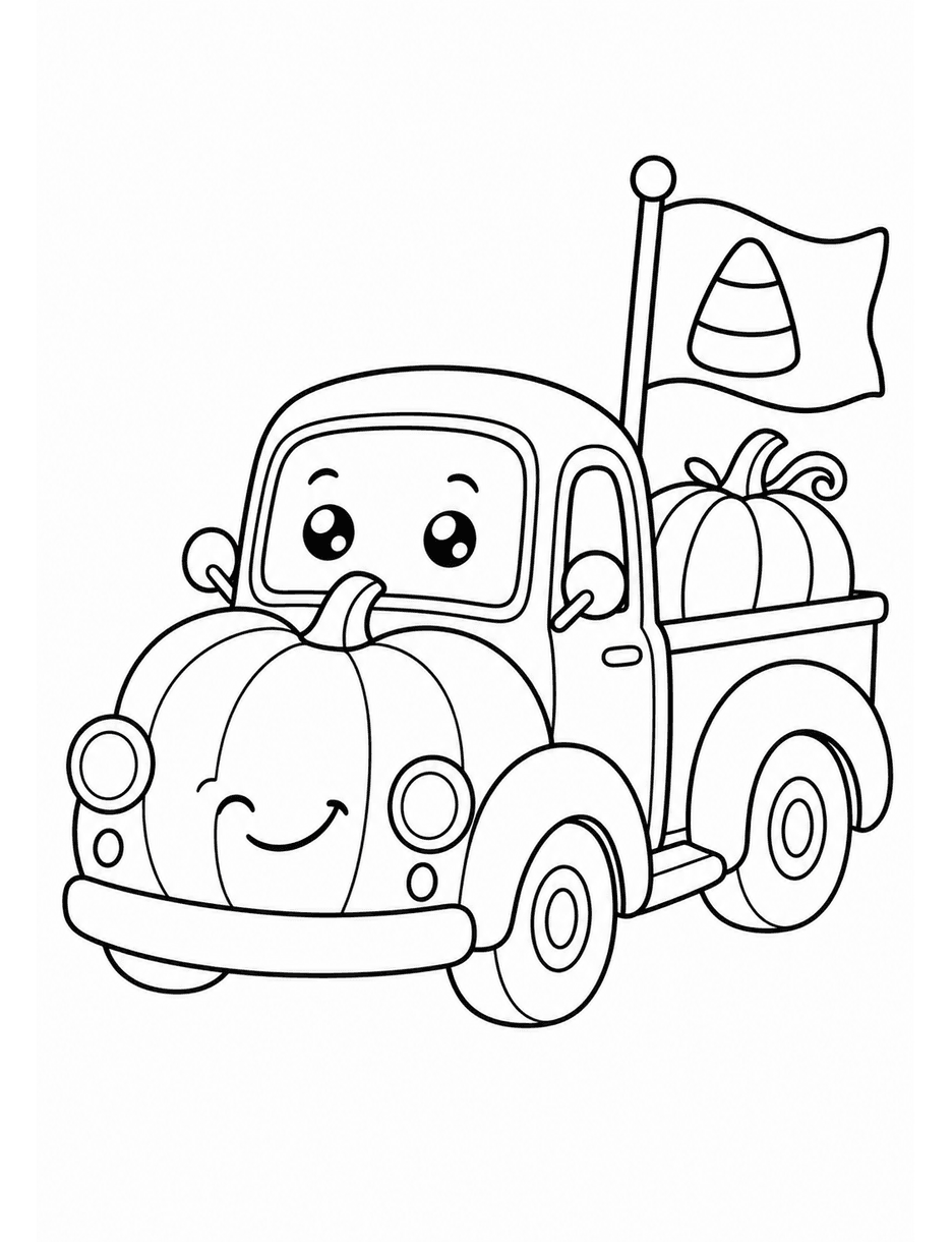 Cute Pumpkin Truck With Candy Corn Flag printable coloring page from the halloween coloring pages collection