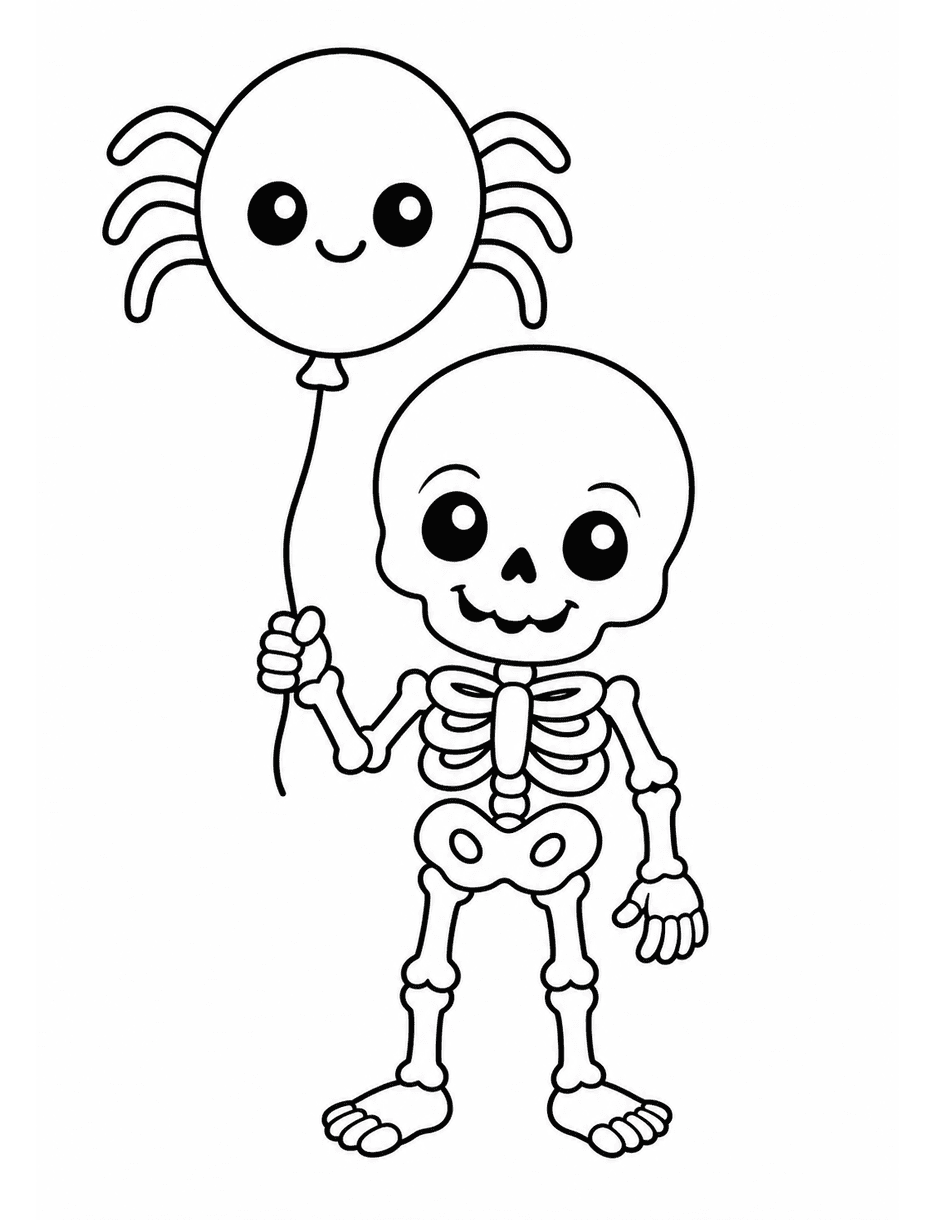 Cute Skeleton Holding A Spider Balloon printable coloring page from the halloween coloring pages collection