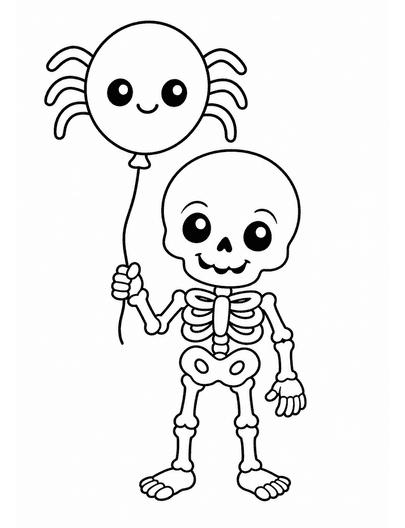 Cute Skeleton Holding A Spider Balloon printable coloring page from the halloween coloring pages collection