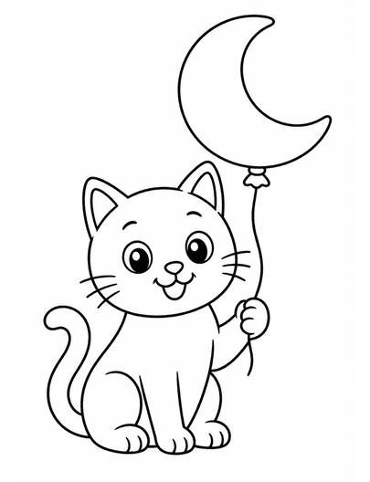 Friendly Black Cat With A Crescent Moon Balloon printable coloring page from the halloween coloring pages collection
