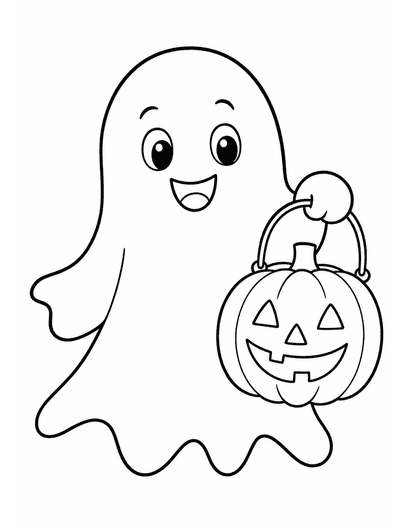 Friendly Ghost Holding A Pumpkin Lantern printable coloring page from the halloween coloring pages collection