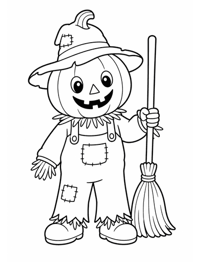 Pumpkin-Headed Scarecrow Holding A Broom printable coloring page from the halloween coloring pages collection