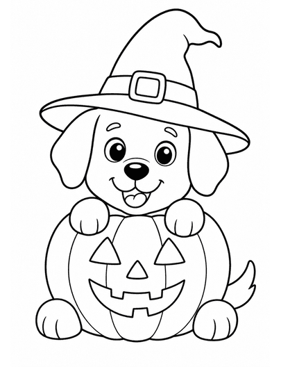 Pumpkin Puppy Wearing A Witch Hat printable coloring page from the halloween coloring pages collection