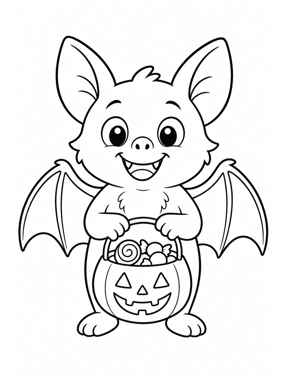 Smiling Bat Holding A Candy Bucket printable coloring page from the halloween coloring pages collection