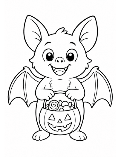Smiling Bat Holding A Candy Bucket printable coloring page from the halloween coloring pages collection
