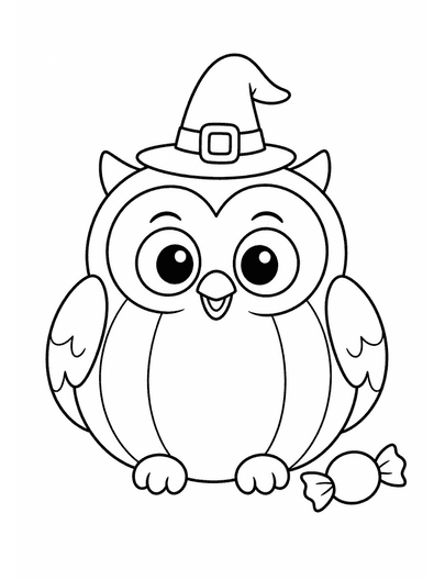 Smiling Pumpkin Owl Wearing A Tiny Witch Hat printable coloring page from the halloween coloring pages collection
