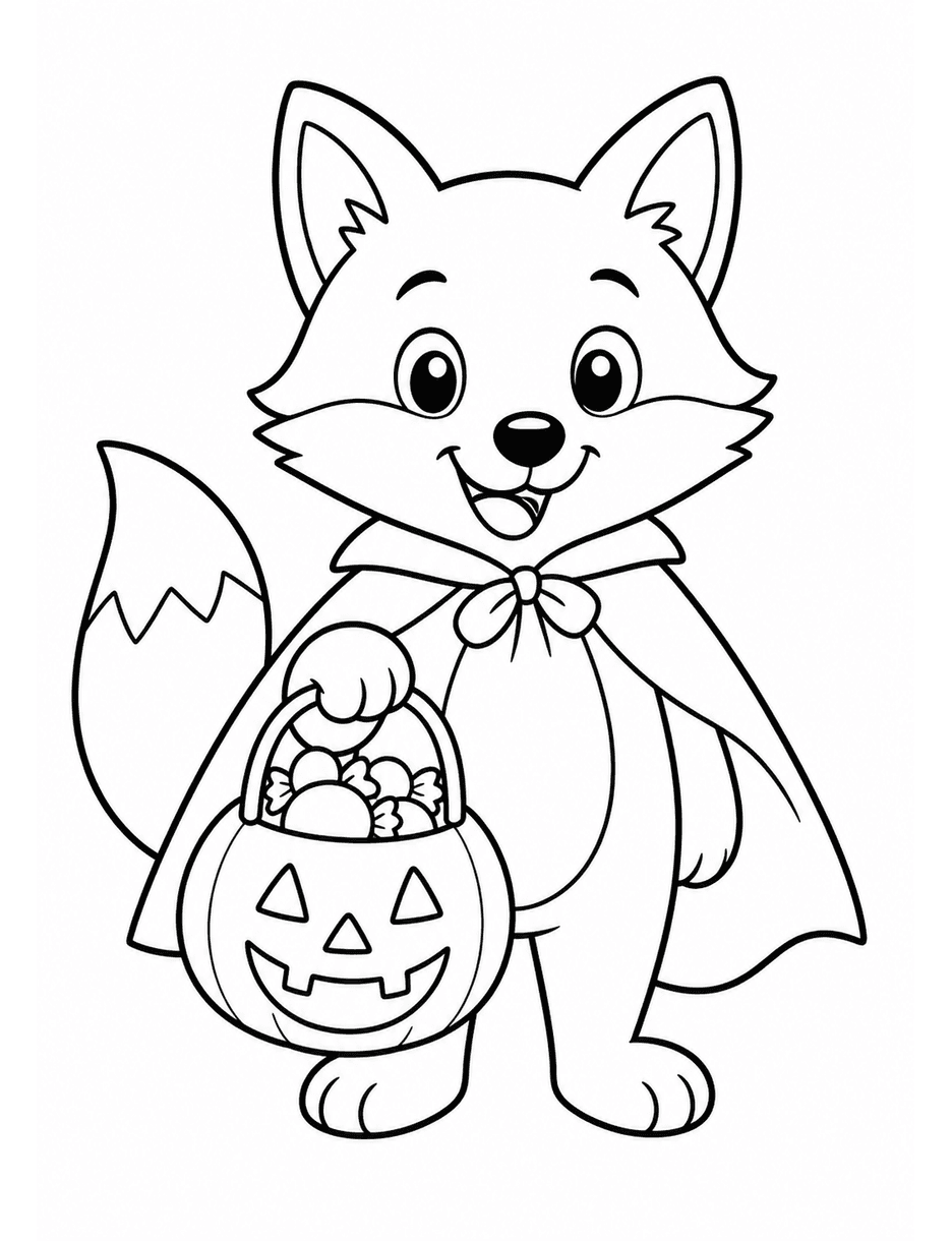 Trick-or-Treat Fox With A Pumpkin Basket printable coloring page from the halloween coloring pages collection
