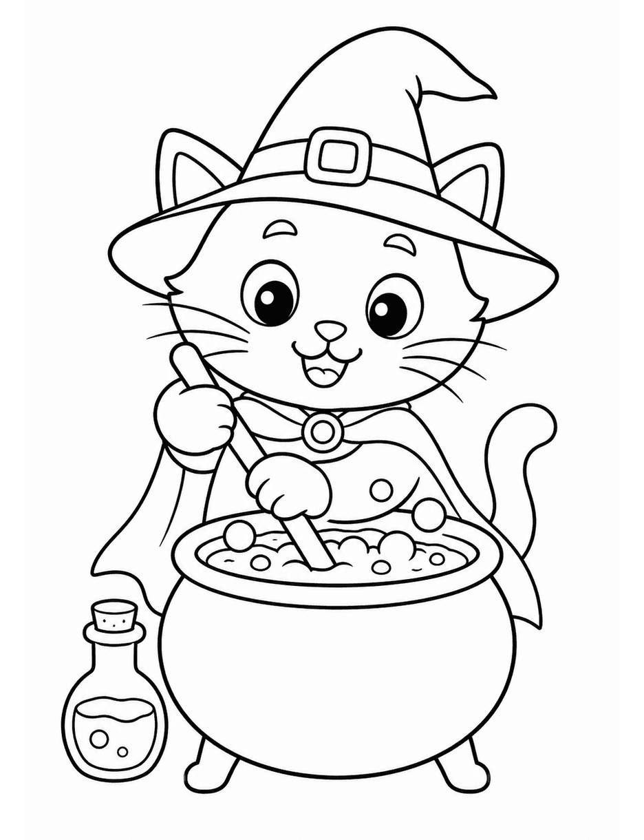 Witch Cat Stirring A Bubble Cauldron printable coloring page from the halloween coloring pages collection