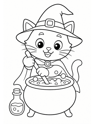 Witch Cat Stirring A Bubble Cauldron printable coloring page from the halloween coloring pages collection