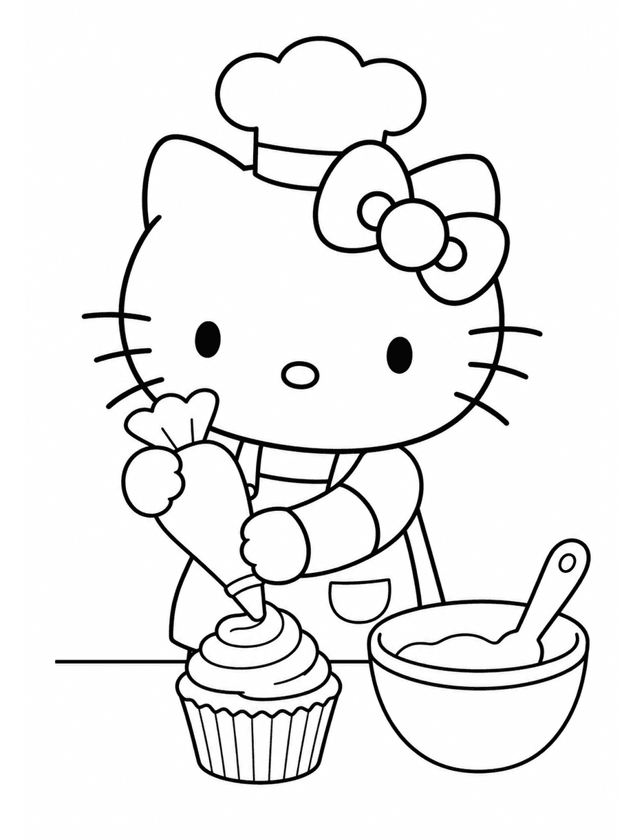 Hello Kitty Baking Cupcakes printable coloring page from the hello kitty coloring pages collection