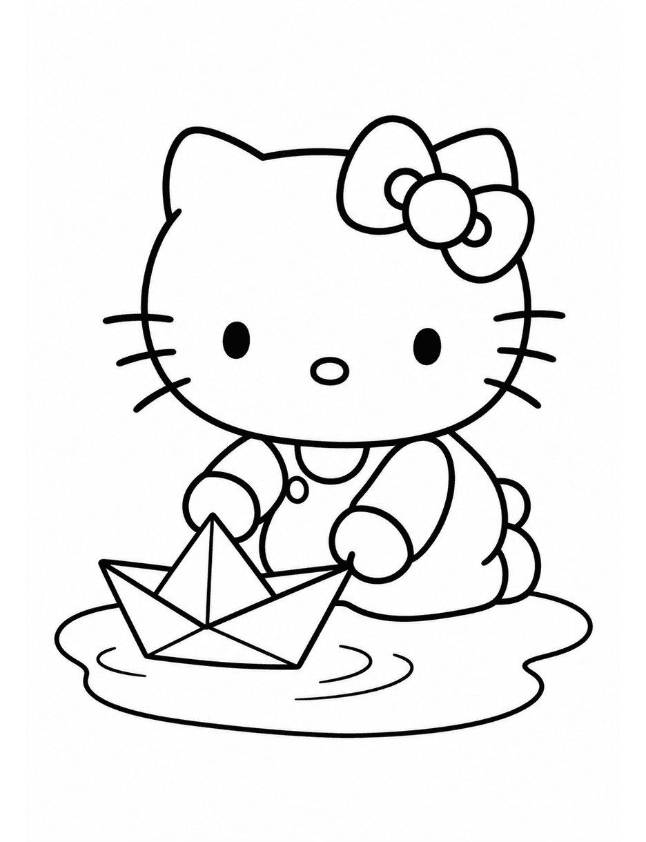 Hello Kitty Floating A Paper Boat printable coloring page from the hello kitty coloring pages collection