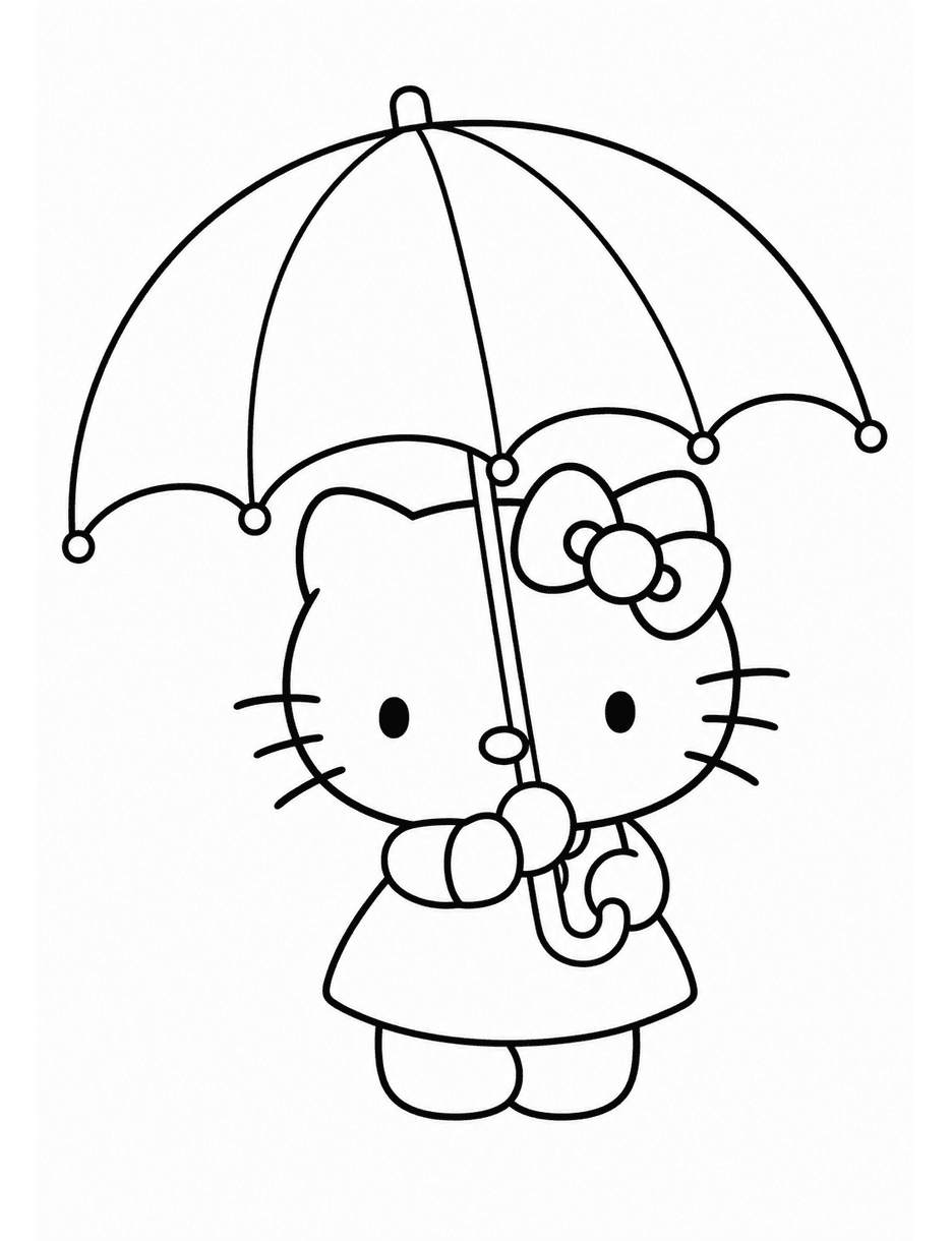 Hello Kitty Holding A Big Umbrella printable coloring page from the hello kitty coloring pages collection