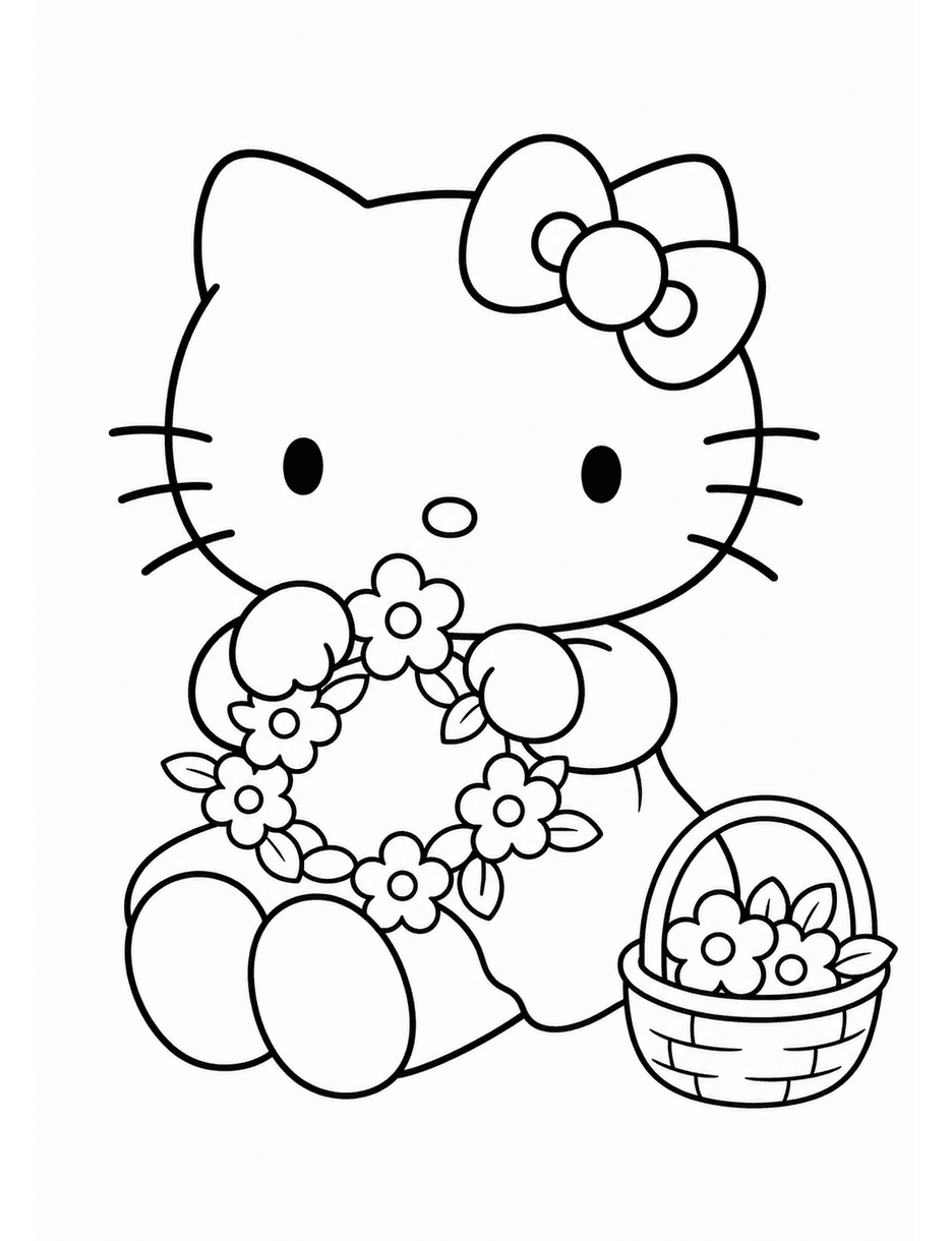 Hello Kitty Making A Flower Crown printable coloring page from the hello kitty coloring pages collection