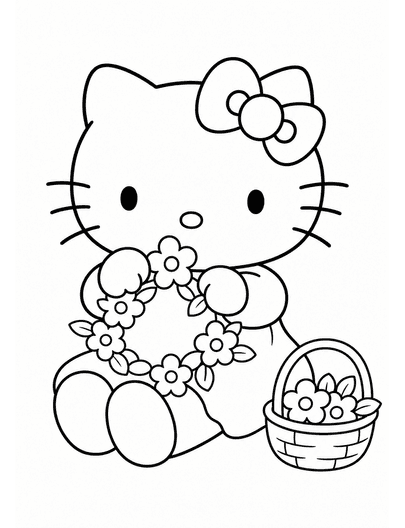 Hello Kitty Making A Flower Crown printable coloring page from the hello kitty coloring pages collection