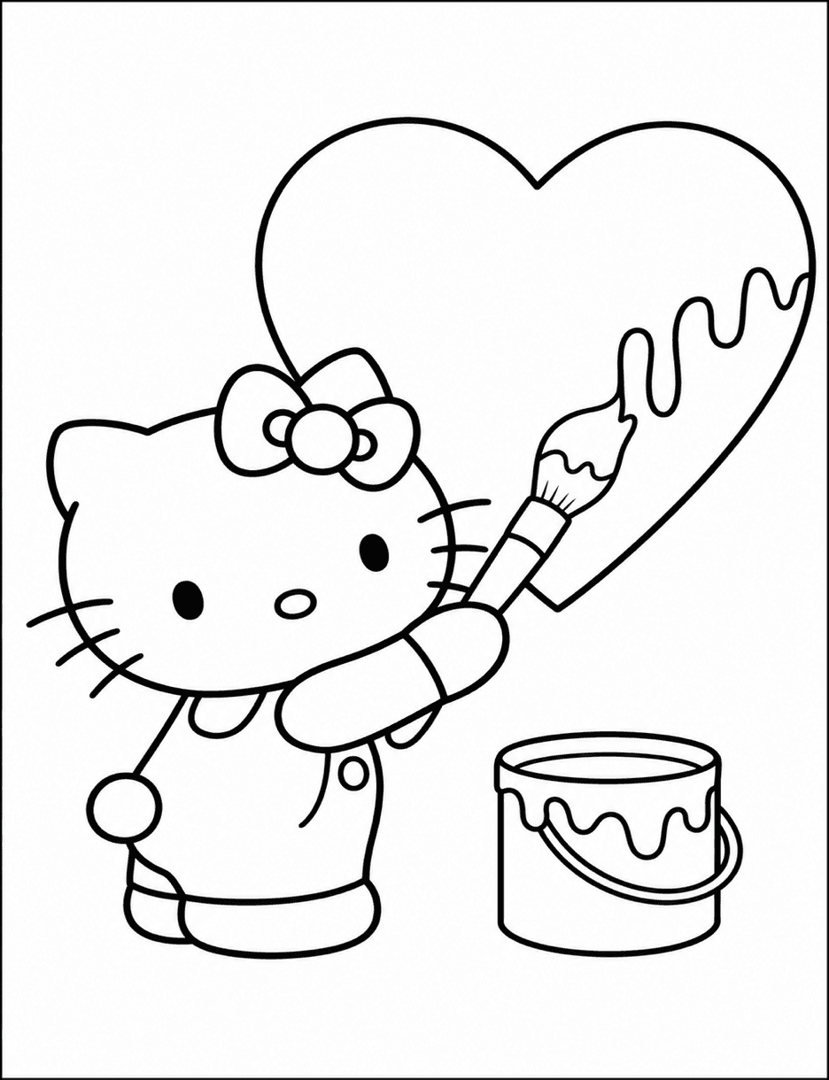 Hello Kitty Painting A Big Heart printable coloring page from the hello kitty coloring pages collection