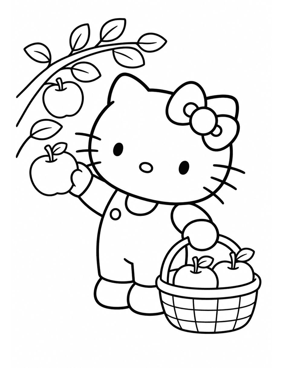 Hello Kitty Picking Apples In A Little Orchard printable coloring page from the hello kitty coloring pages collection