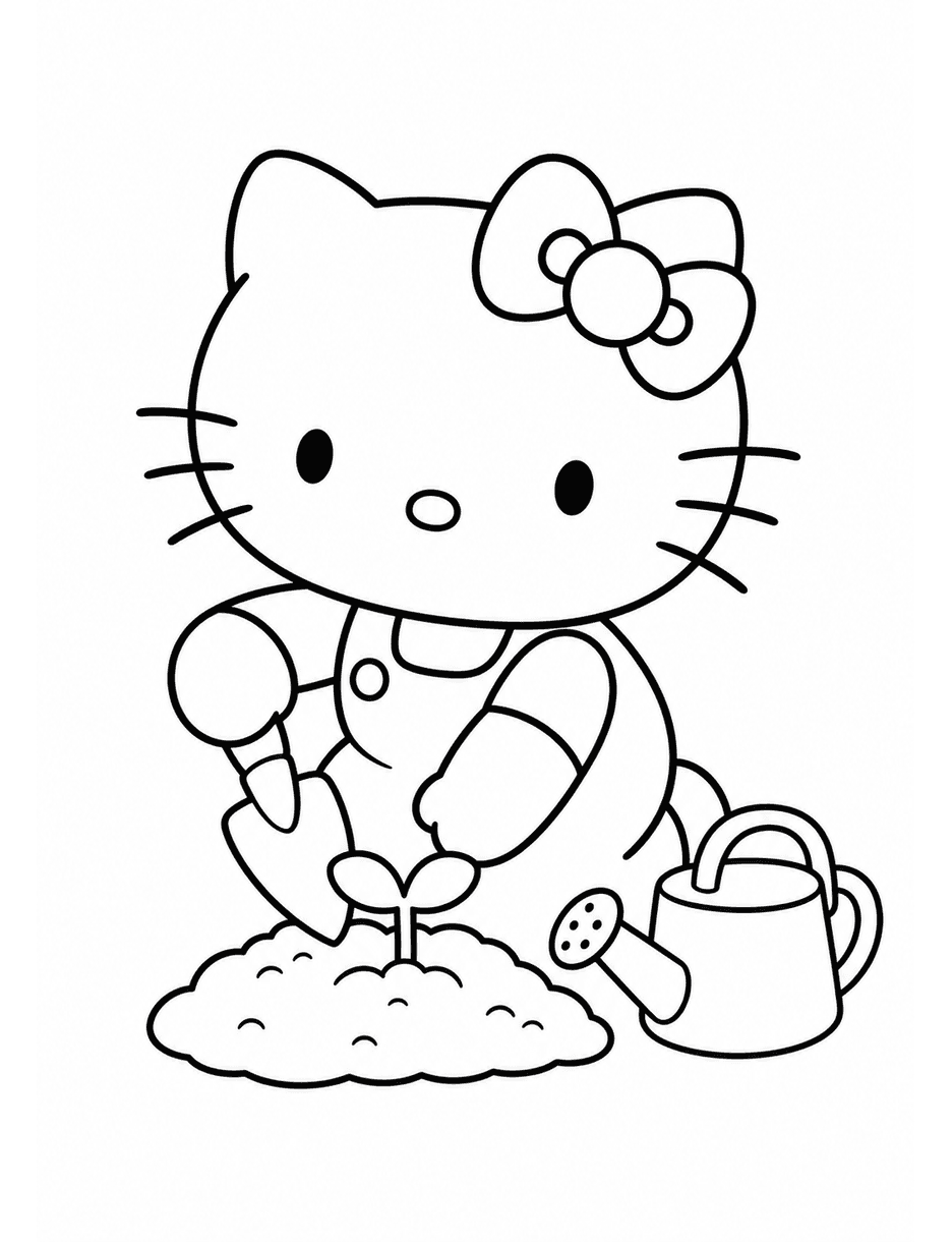 Hello Kitty Planting A Tiny Garden printable coloring page from the hello kitty coloring pages collection