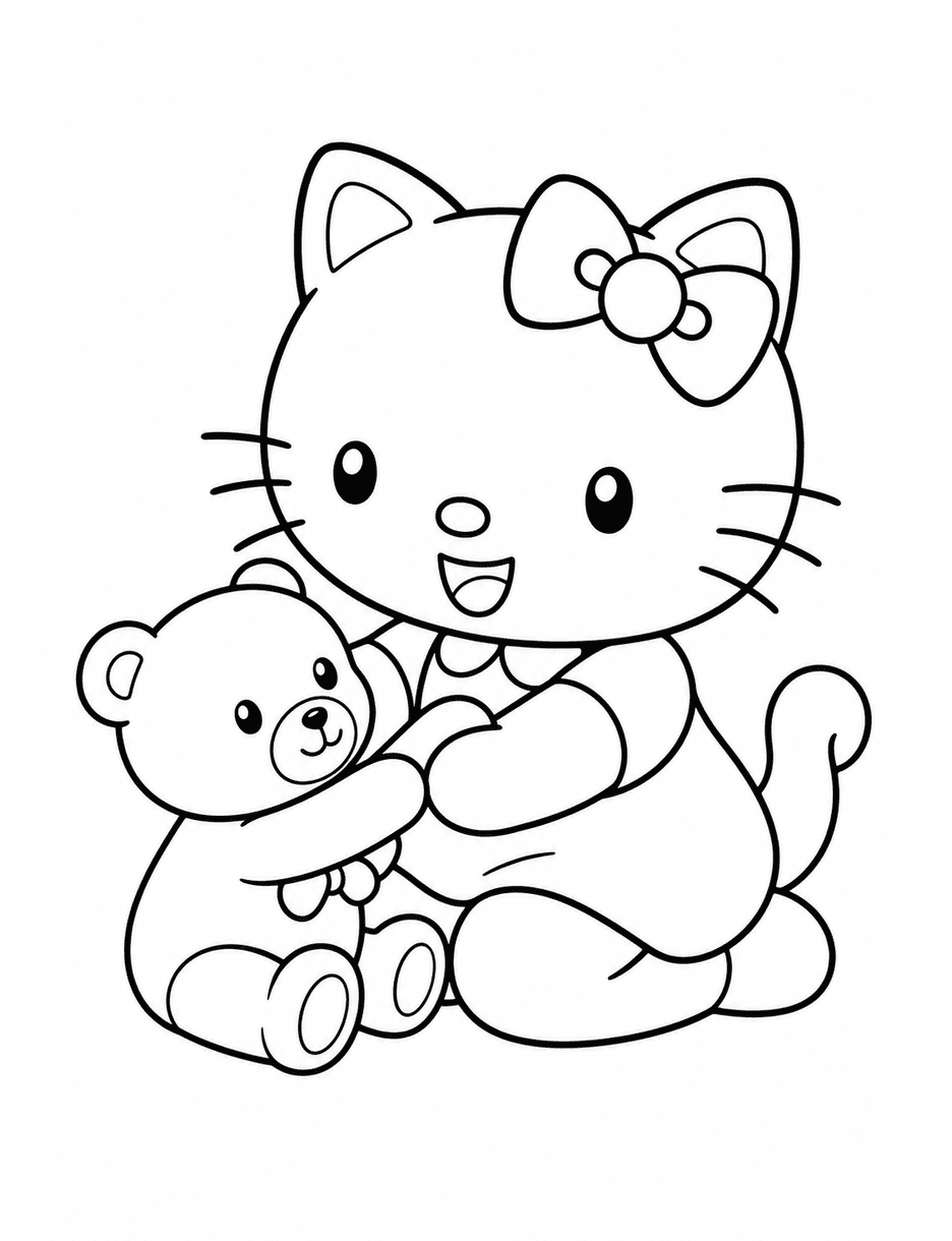 Hello Kitty Playing With A Teddy Bear printable coloring page from the hello kitty coloring pages collection