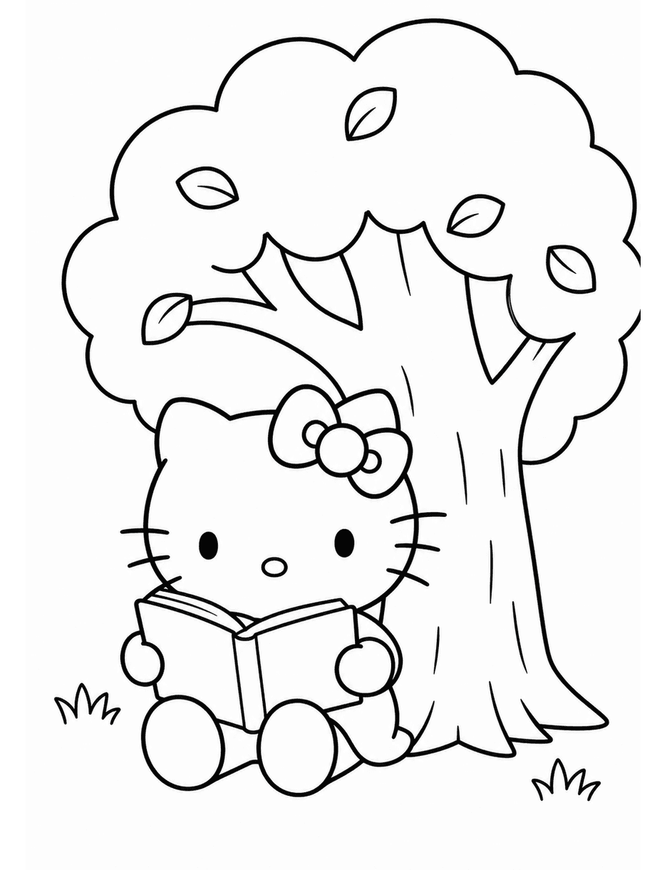 Hello Kitty Reading Under A Tree printable coloring page from the hello kitty coloring pages collection