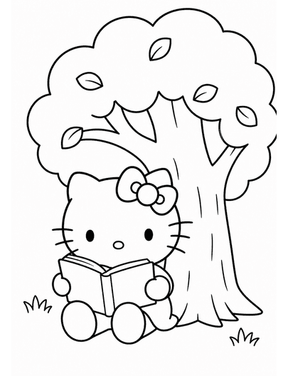Hello Kitty Reading Under A Tree printable coloring page from the hello kitty coloring pages collection