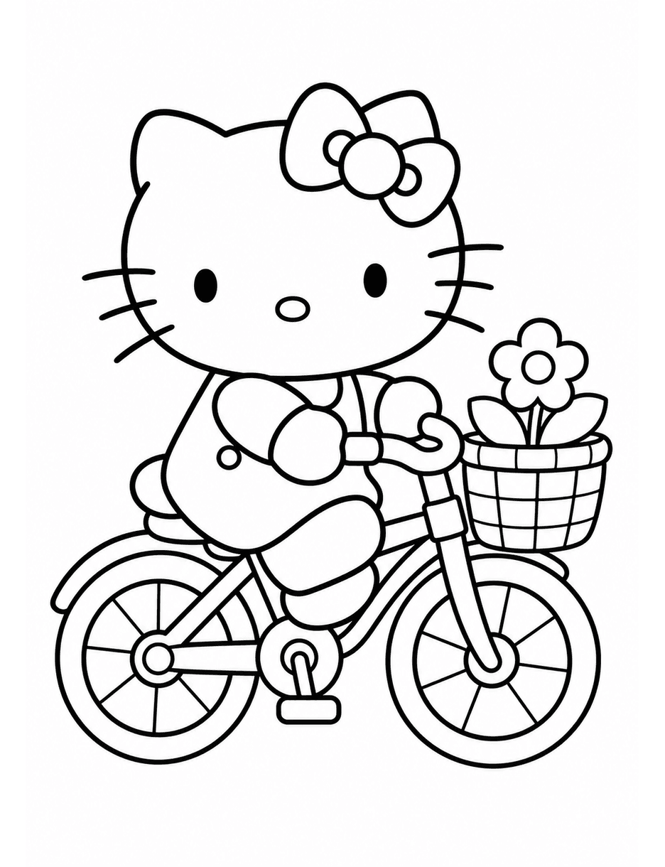 Hello Kitty Riding A Bicycle With A Basket printable coloring page from the hello kitty coloring pages collection