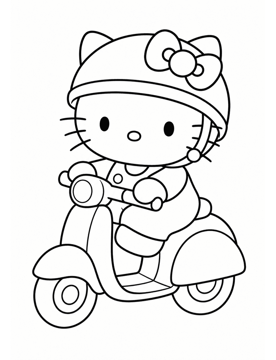 Hello Kitty Riding A Scooter With A Helmet printable coloring page from the hello kitty coloring pages collection