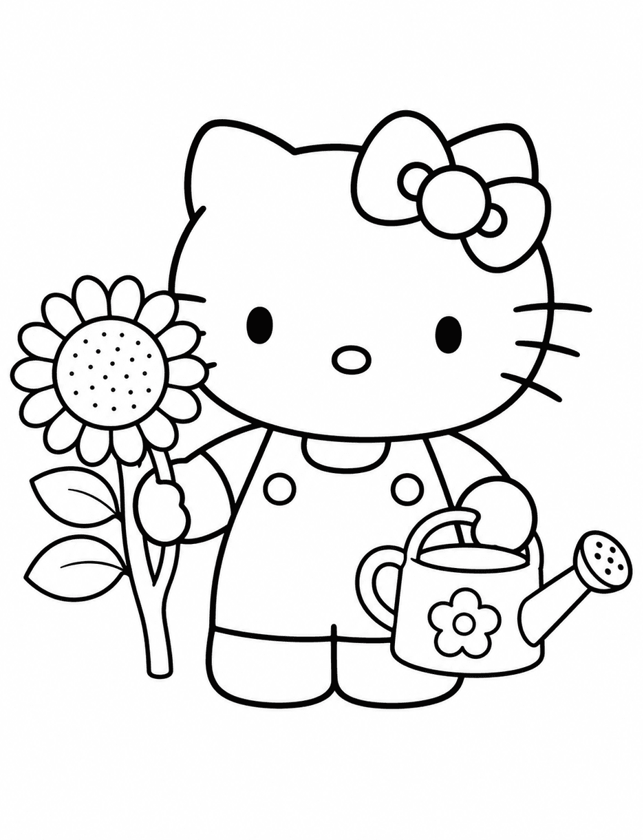 Hello Kitty With A Sunflower And Watering Can printable coloring page from the hello kitty coloring pages collection