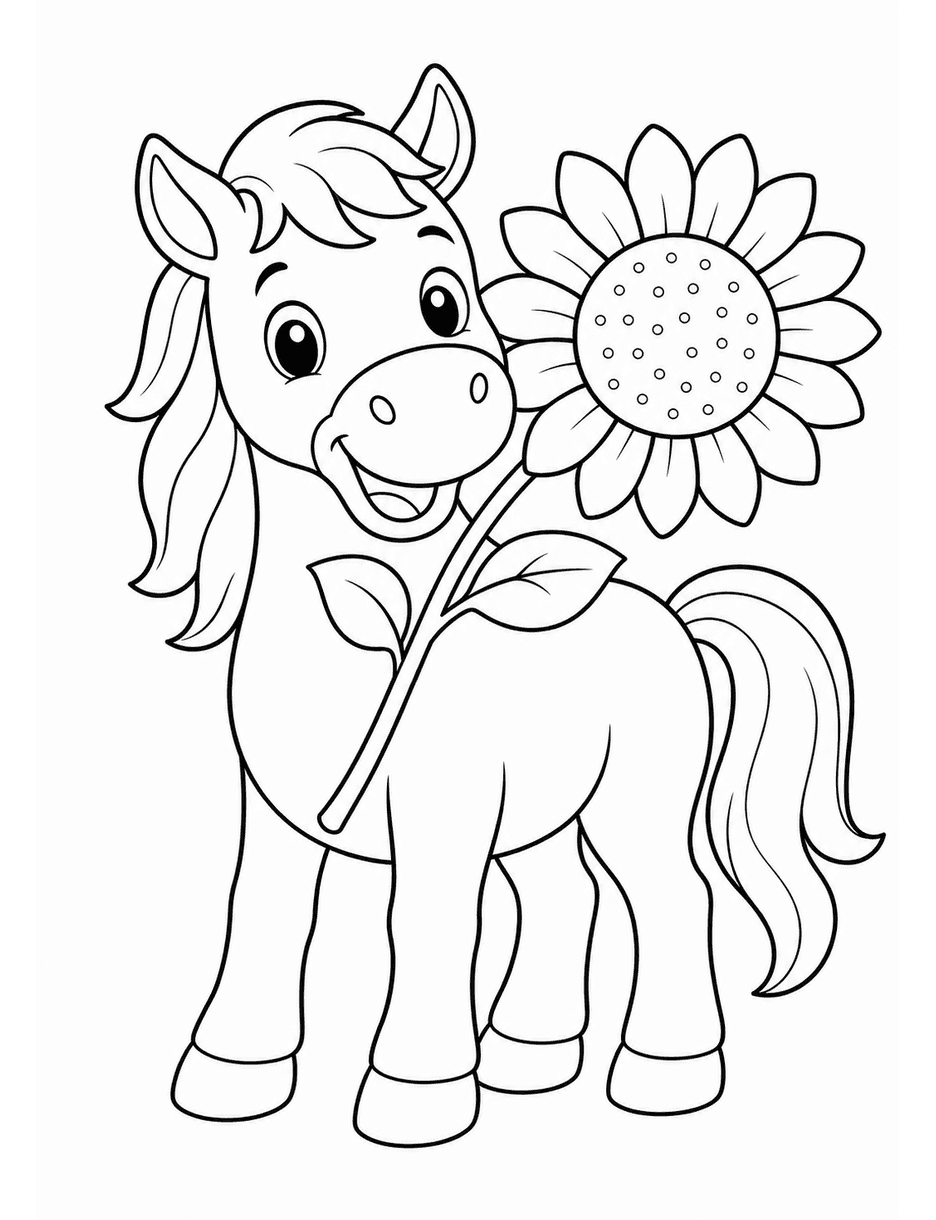 Happy Horse With A Big Sunflower printable coloring page from the horse coloring pages collection