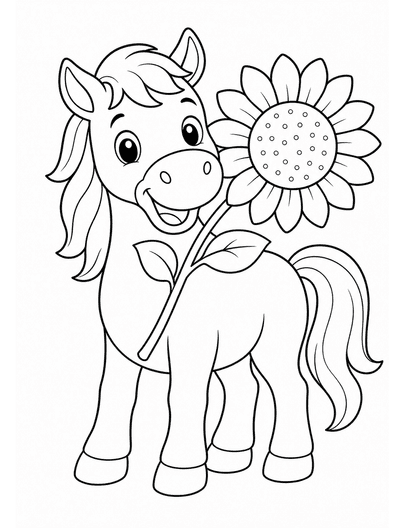 Happy Horse With A Big Sunflower printable coloring page from the horse coloring pages collection