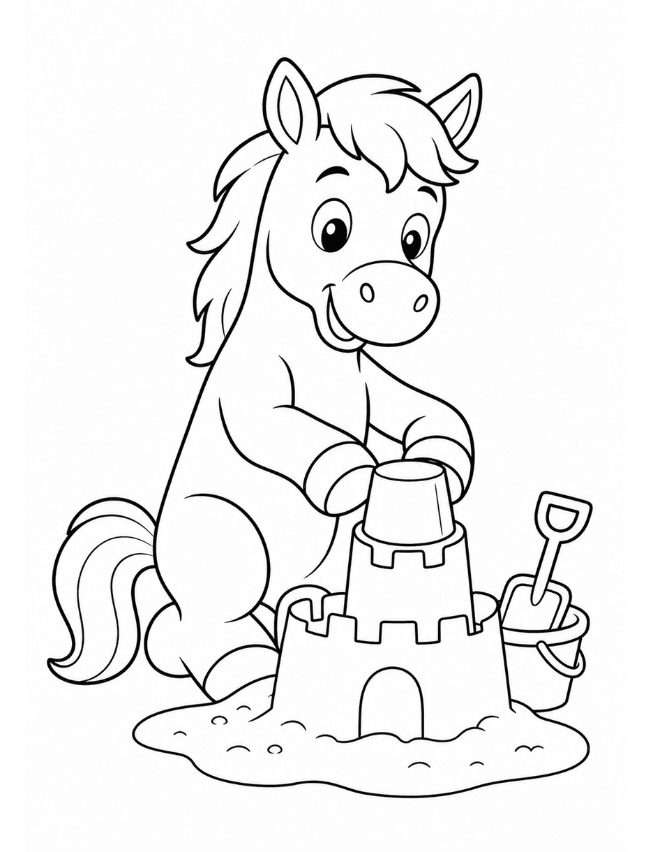 Horse Building A Sandcastle printable coloring page from the horse coloring pages collection