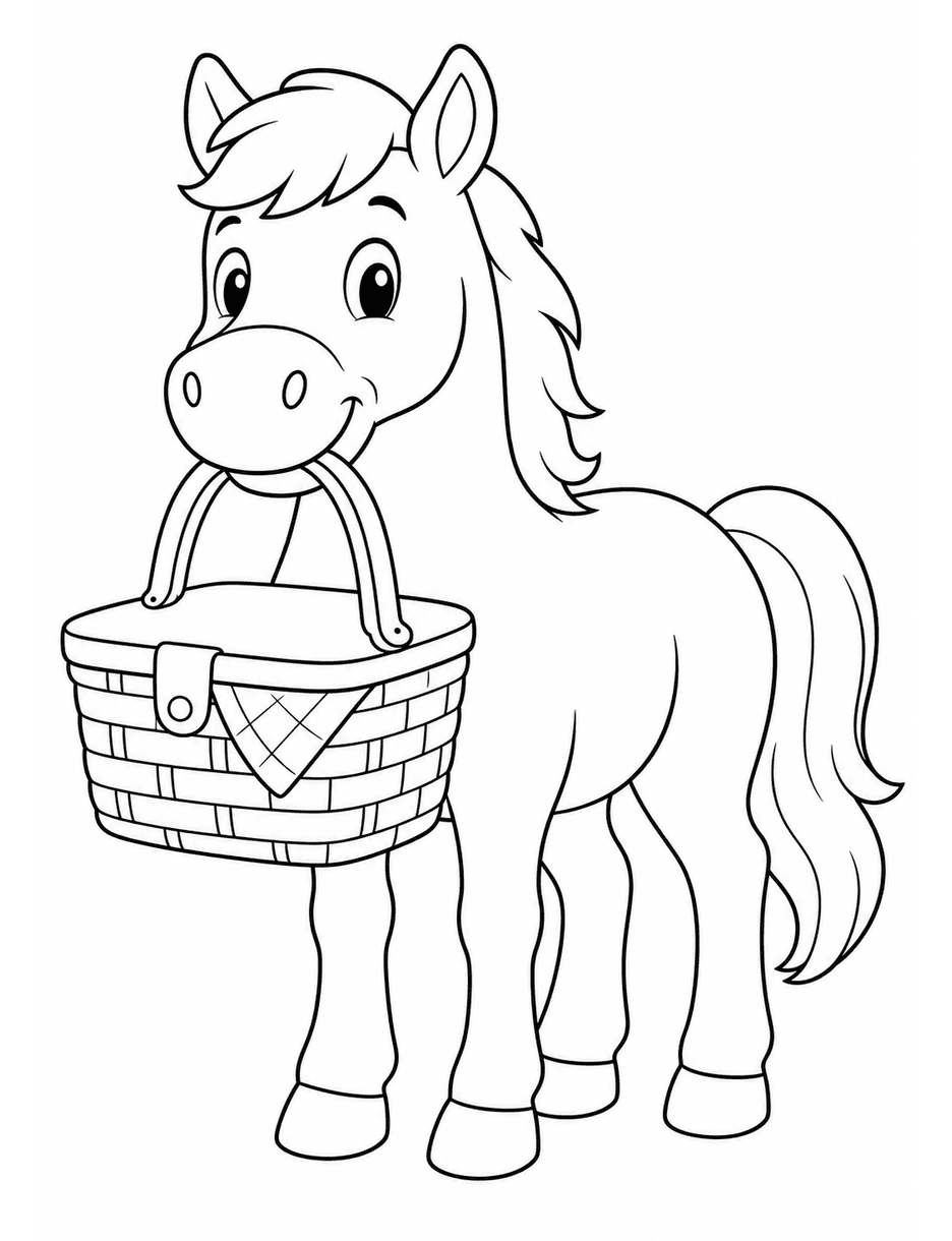 Horse Carrying A Picnic Basket printable coloring page from the horse coloring pages collection
