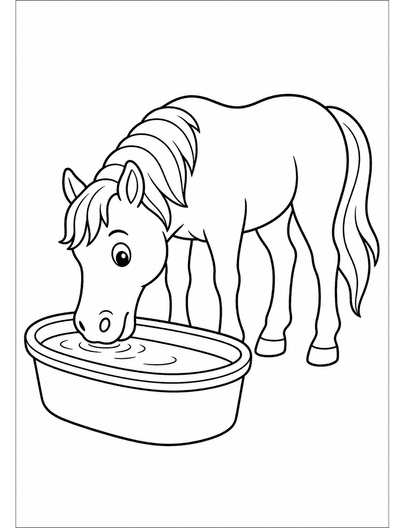 Horse Drinking Water From A Trough printable coloring page from the horse coloring pages collection