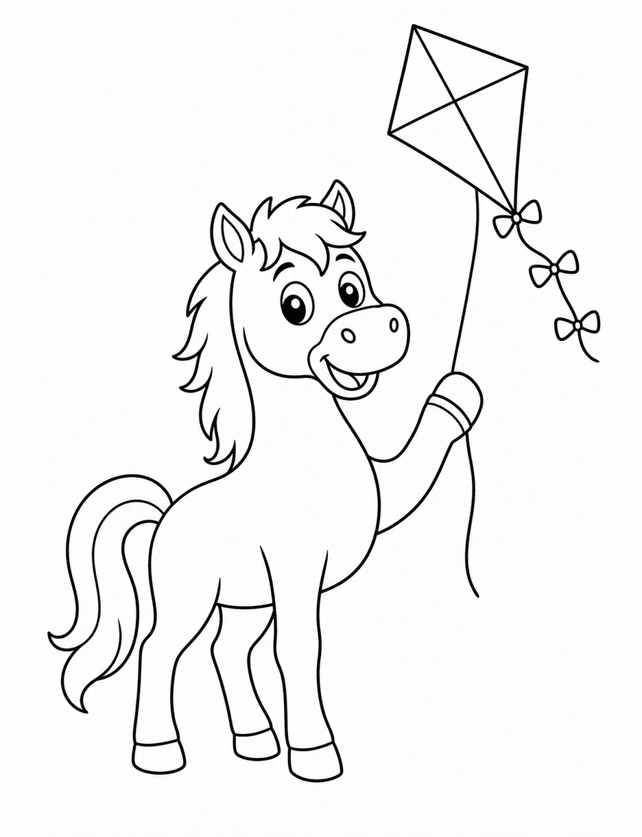 Horse Holding A Kite In The Wind printable coloring page from the horse coloring pages collection