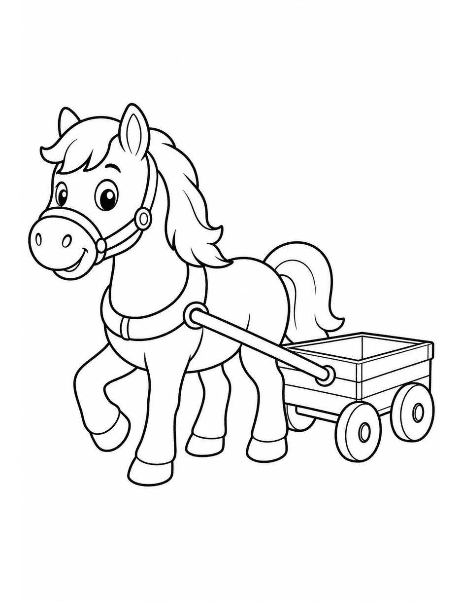 Horse Pulling A Little Wagon printable coloring page from the horse coloring pages collection