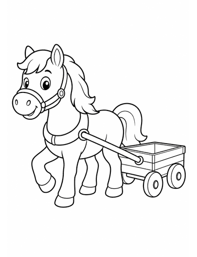 Horse Pulling A Little Wagon printable coloring page from the horse coloring pages collection